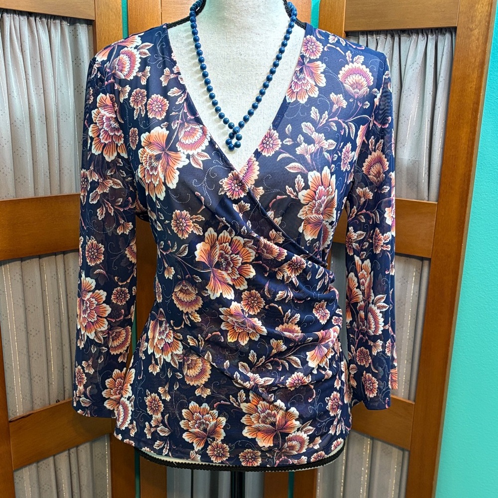 Tahari Navy and Pink faux Floral Wrap Blouse
